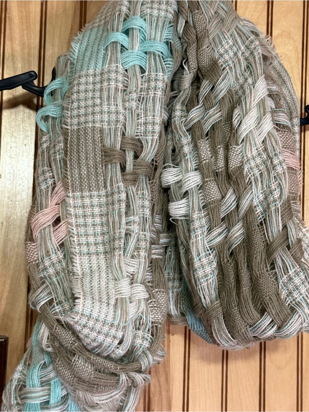 Woven Taupe Scarf with Mint and Blush Accents